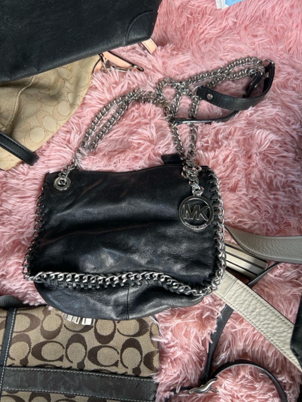 Michael Kors Black Leather Shoulder Bag with Silver Chain Trim